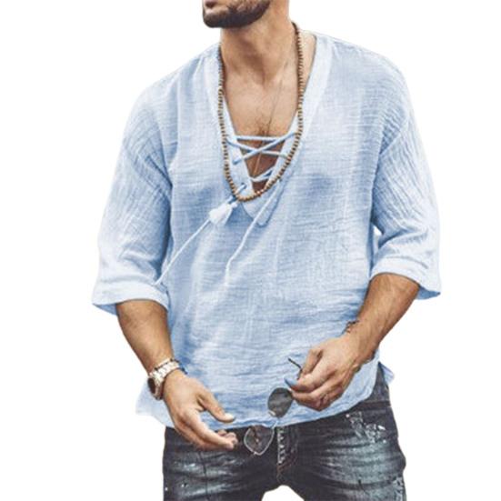 

V-Neck Solid Color Men Shirt Lightweight Front Lace Up Half Sleeve T-shirt Male Clothing L синій