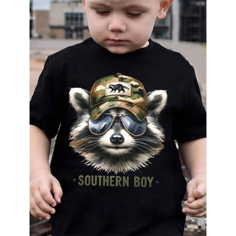 

European sizes Children Summer Fashion Short-Sleeve T-Shirt for Boys Featuring a Cartoon Raccoon with a Hat, Casual Top DX5543 98cm