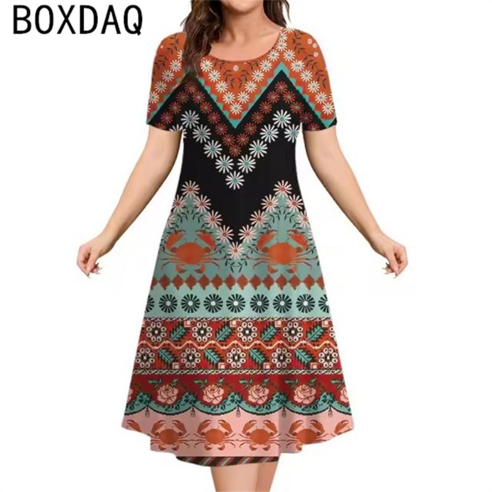 Rochie nouă pentru femei cu imprimeu etnic vintage 3D, rochie de vară cu mânecă scurtă, gât rotund, casual, rochie A-line, rochii supradimensionate pentru doamne