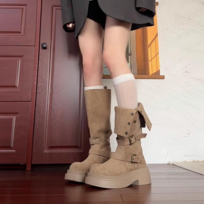 Thick-soled thick-heeled suede western cowboy long boots summer two wear medium tube high knight boots 35