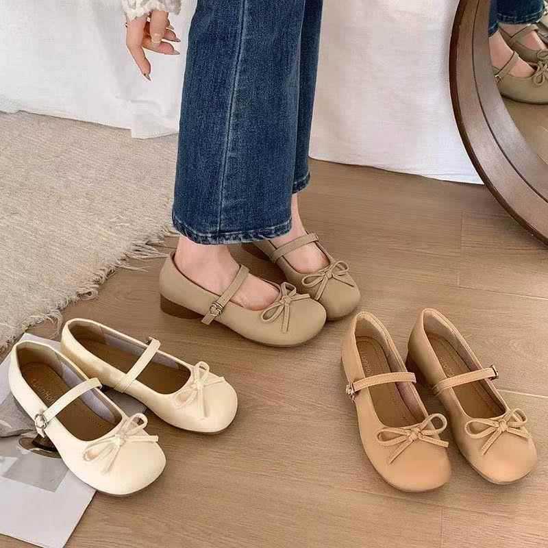 Shoes Women's Summer Versatile Mary Jane Shoes Bow Small Leather Shoes Gentle French Round Head Retro Fairy Style Single Shoes