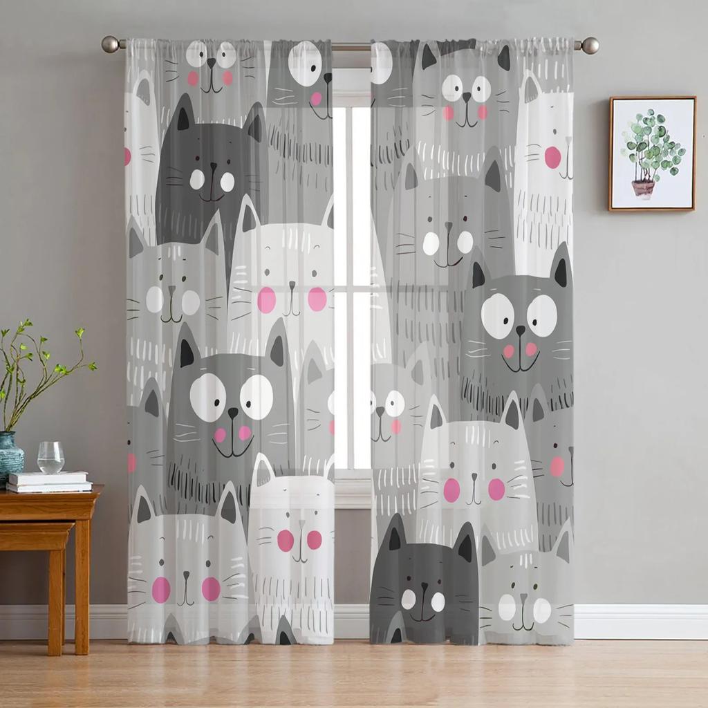 Cartoon Animal Color Cat Tulle Window Curtains Living Room Organza Yarn Sheer Voile Curtain Bedroom Kitchen Home Decor Drape