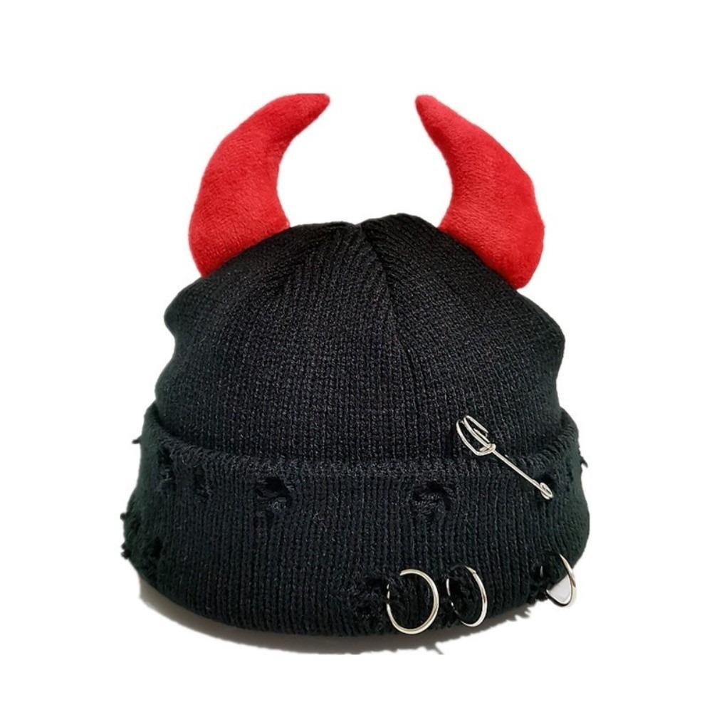 Yarn Winter Pullover Cap Solid Color Knitted Beanie Punk Devil Horns Hat Autumn/Winter