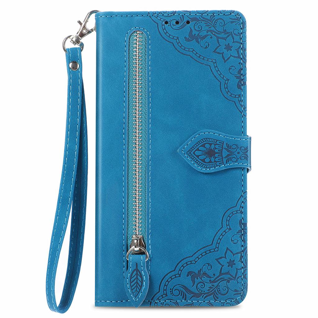 For Xiaomi Redmi Note 13 Pro 4G/Poco M6 Pro 4G Zipper Wallet Case with Strap Flower Imprint PU Leather Phone Cover