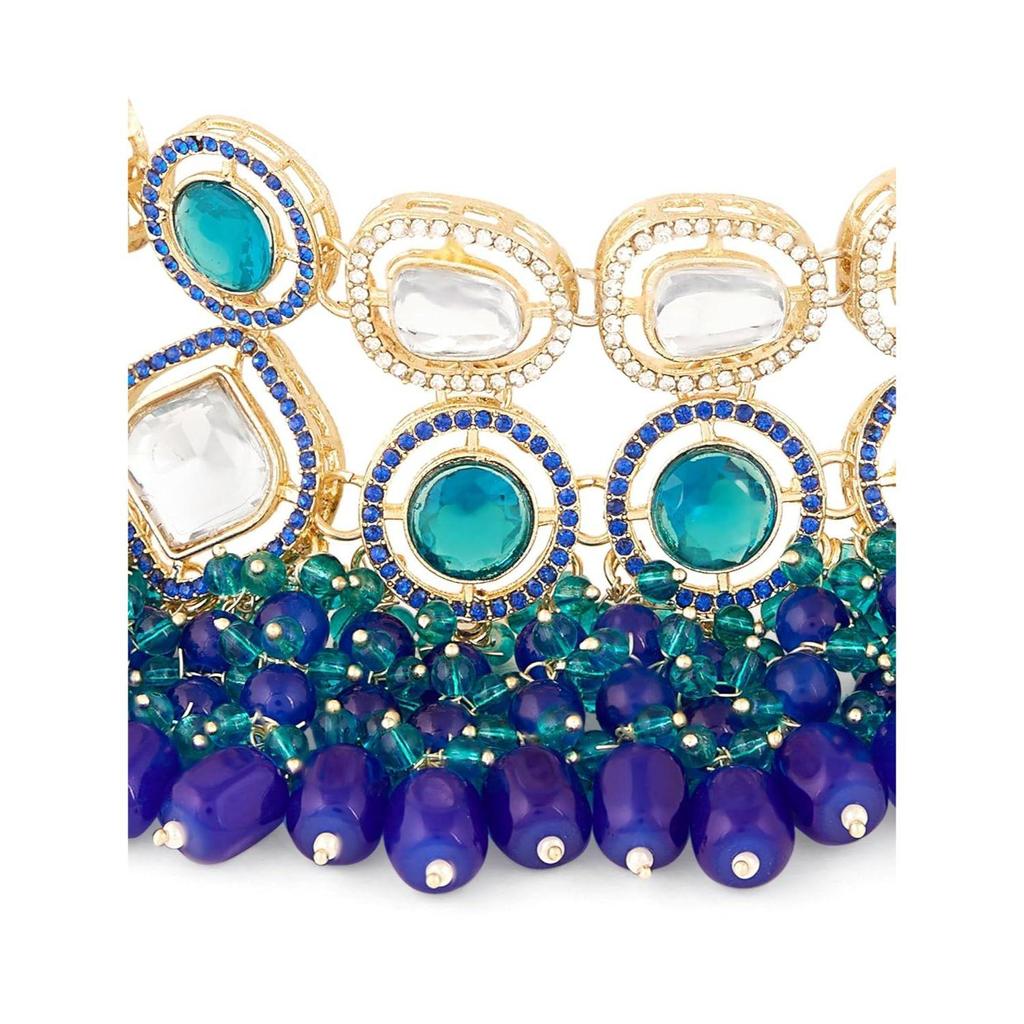 Blue Green Stones Cluster Beads Diamonds Choker Necklace & Earring Set For Women