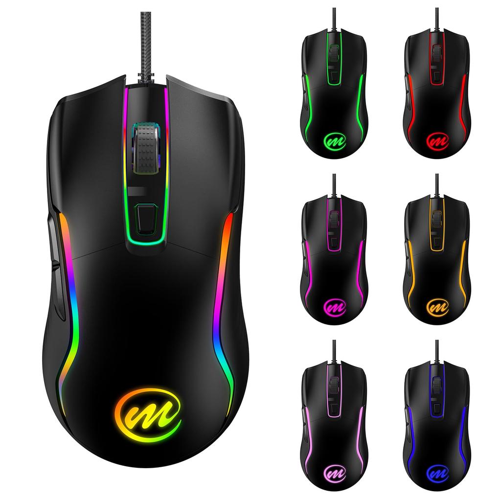 Memzuoix RGB Wired Gaming Mouse, 12800DPI Lightweight Design, 7 Programmable Buttons, 12 RGB Lighting Modes, Fast-Responsive Optical Sensor,