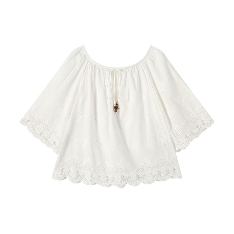 GREEN BELT Embroidered Lace Cotton Blouse S