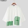 INCERUN Herren 3/4 Ärmel Schlitze Unregelmäßige Vorderseite Gestreiftes Patchwork Lässige T-Shirts Tops