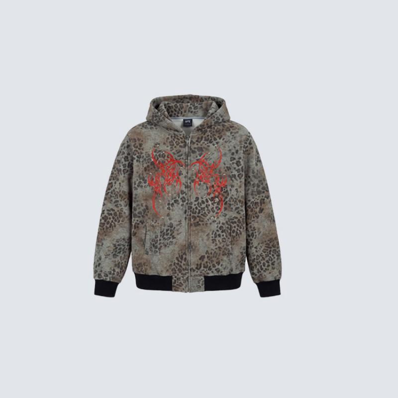 Vintage Leopard Print Hooded Zip-Up Sweatshirt With Red Thorn Studs Streetwear Unisex Oversized Casual Top