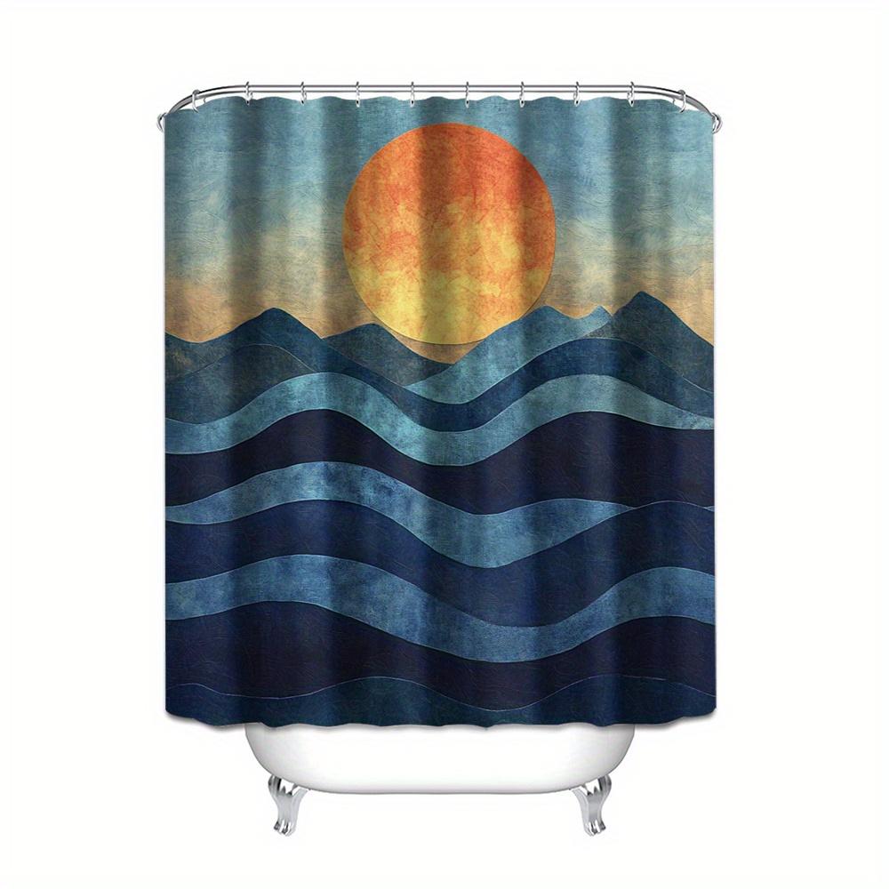 1 X Sunset Wave Shower Curtain, Polyester Waterproof Fabric, Cartoon Animal Print, No Drilling Required Bathroom Partition