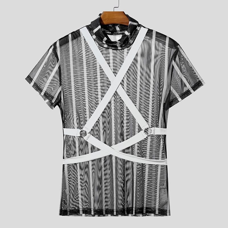 

INCERUN Men High Neck Short Sleeve See Through Bandage Party Club T-shirts Tee XL