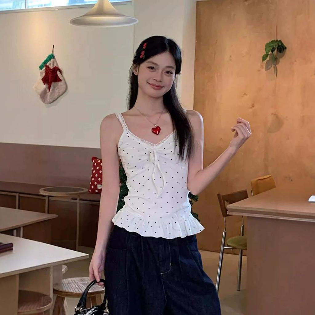 Korean White Sweet Polka Dot Ruffle Hem Sling Vest Women's Spring New Inner Sleeveless Stacked Top