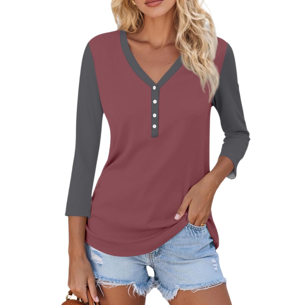 Women's Casual Fashion Sexy Comfortable V-neck Button Stitching Color Three-quarter Sleeve Top