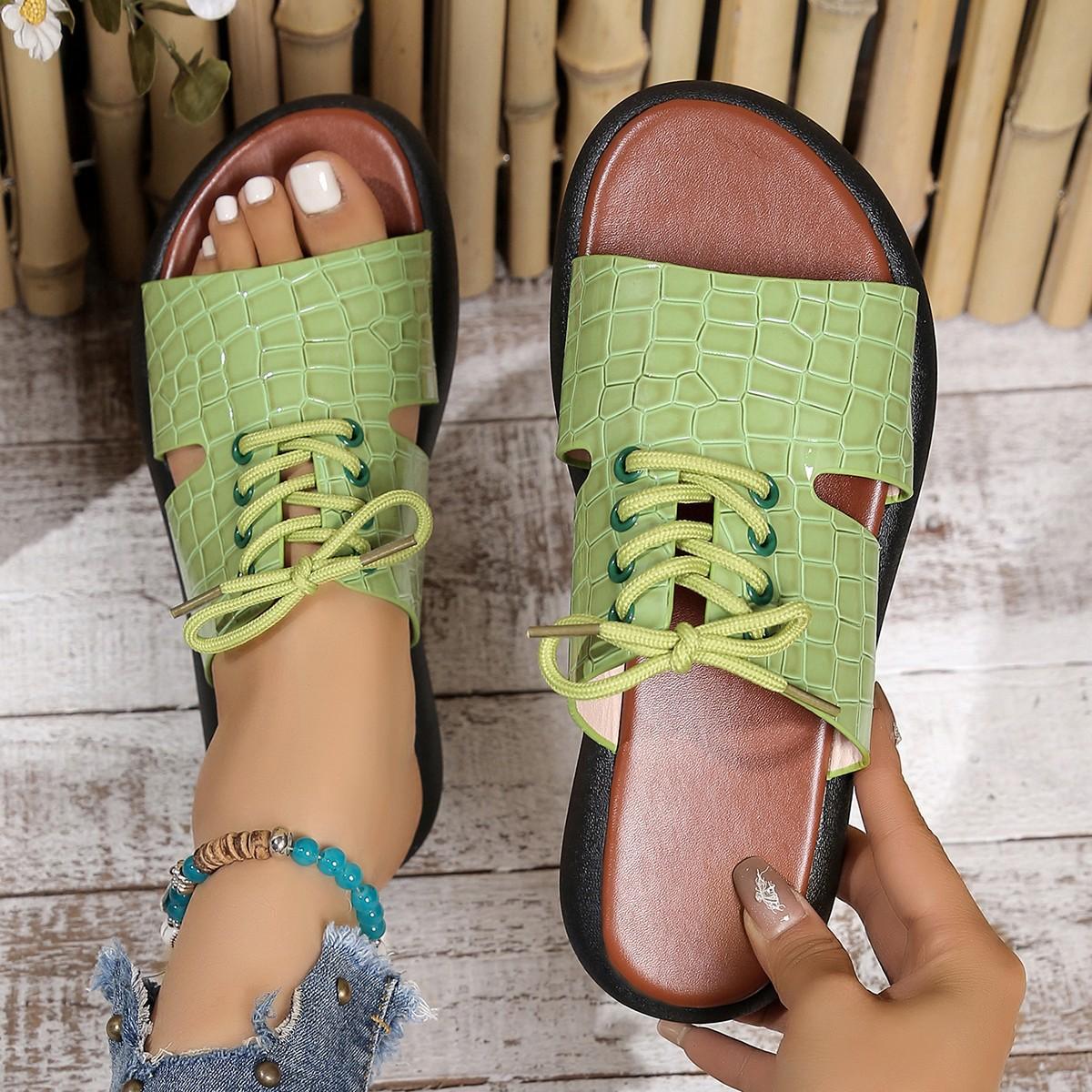 

Summer new crocodile pattern retro lace-up sandals women s flat-bottomed fish mouth women s beach sandals 43 зелёный