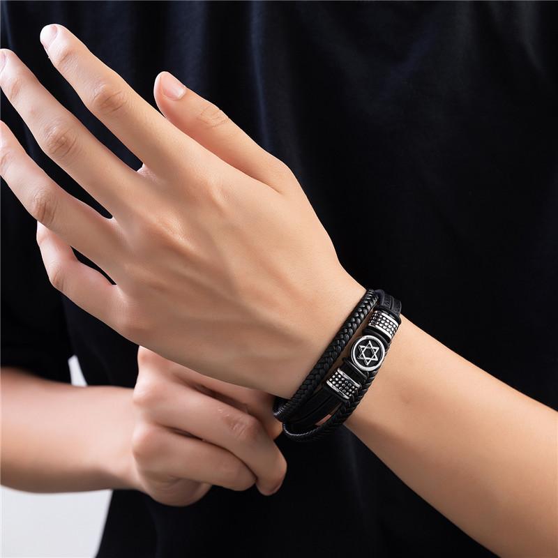 Star of David Men's Stainless Steel Vintage Nordic Hexagonal Star Punk Jewelry Hexagonal Amulet Leather Bracelet