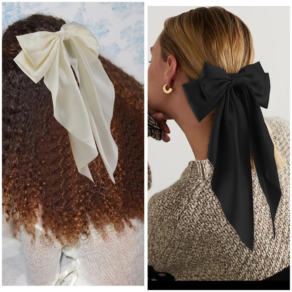 Seidige Satin-Haarschleifen 2 Stück Große Haarschleifen für Damen Haarbänder Übergröße Langer Schwanz Weiße Haarschleife Schwarze Haarschleife Große Haarband-Klammern Metall