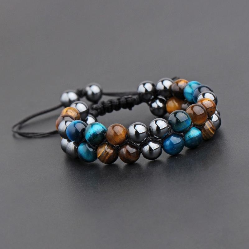 Men's Adjustable Woven Yoga Bracelet with Natural Tiger Eye Beads and Black Magnetic Clasp