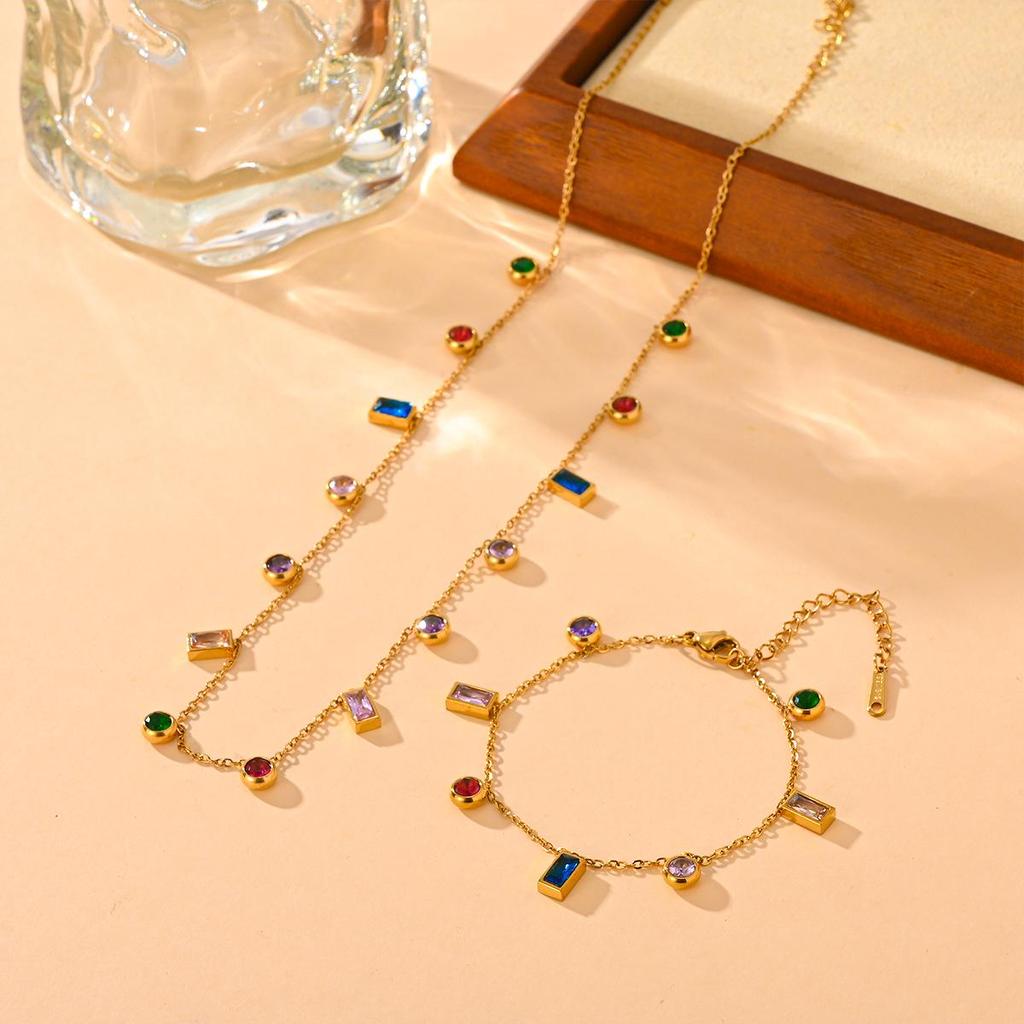 Titanium Steel Multicolor Zirconia Necklace & Bracelet Set - Elegant, Fashionable, and Versatile