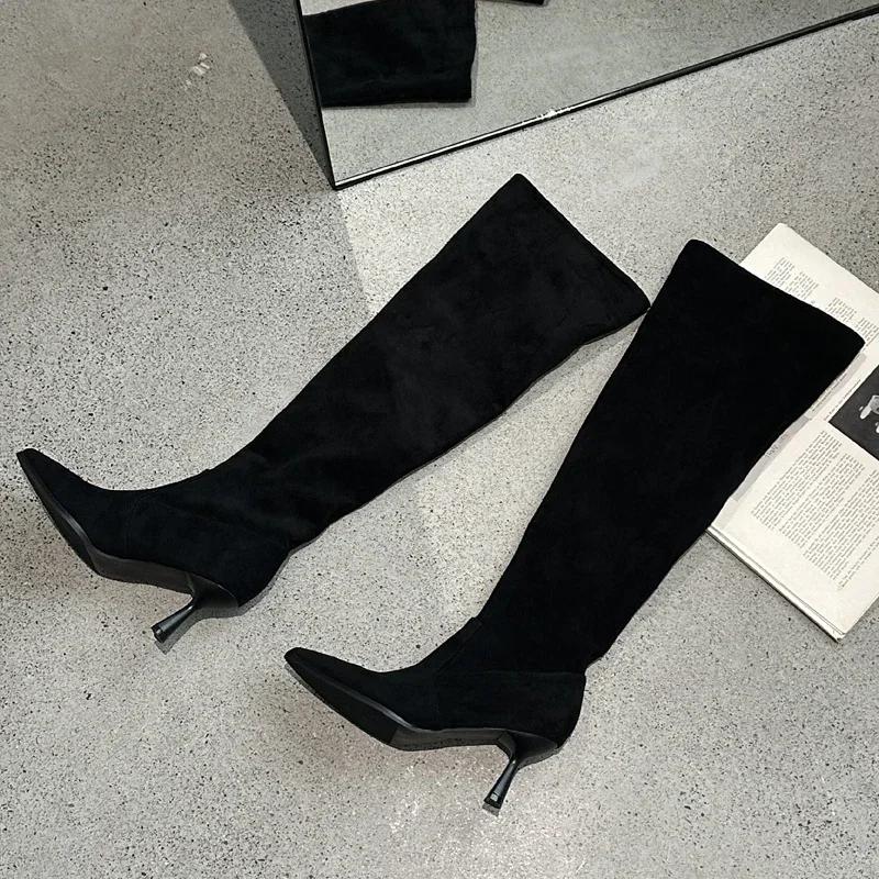 

Модные женские высокие сапоги в уличном стиле с острым носком, сапоги до колена, сексуальные плиссированные тонкие каблуки, обувь для стриптиза, выпускной, осень-зима, Botas Altas 40 чёрный