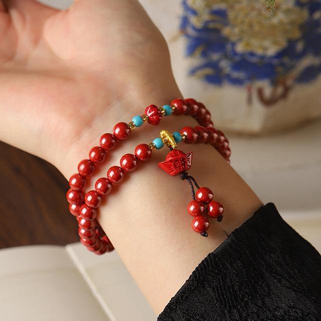 Natural Cinnabar Bracelet with Imperial Yuanbao Pendant - Single or Double Loop for Men and Women