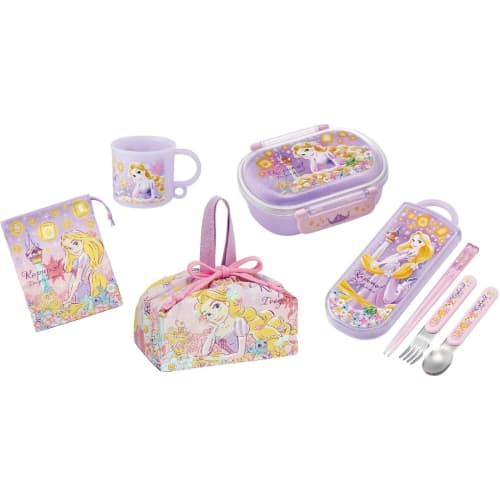 Skater Rapunzel 25 Antibacterial Dishwasher Safe Soft Lid Tight Lunch Box, Oval Shape, 360ml Trio Set (Chopsticks, Spoon, Fork), Cup, Cup Bag, Lunch D
