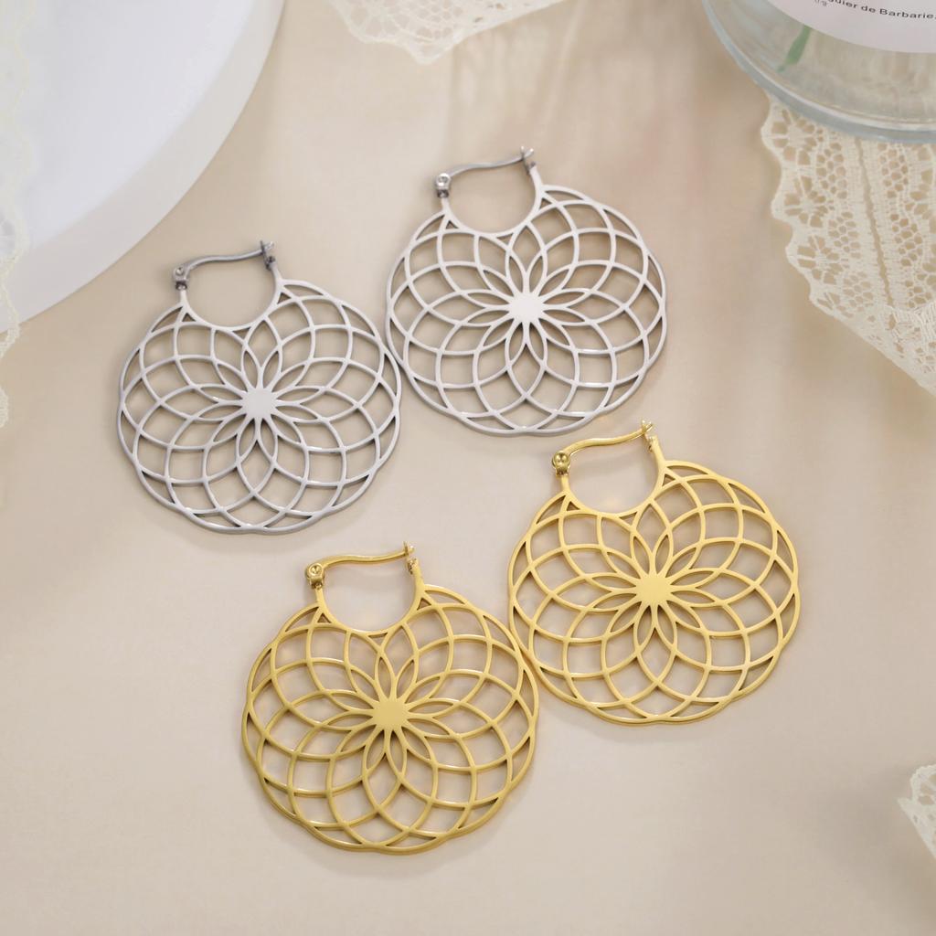 Dawapara Stainless Steel Bohemian Hoop Earrings Filigree Mandala Sacred Geometry Amulet Wiccan Earrings Women Jewelry