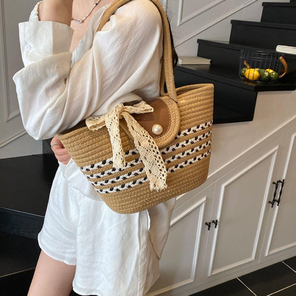 With Ribbon Stripe Tote Handbag Korean Style Summer Beach Bag Simple Woven Tote Bag  Vacation