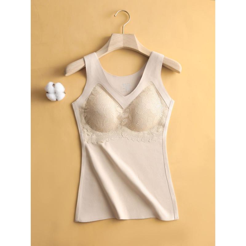 Women Thick Self Heating Thermal Vest With Built In Bra Pad Warm Lace Underwear