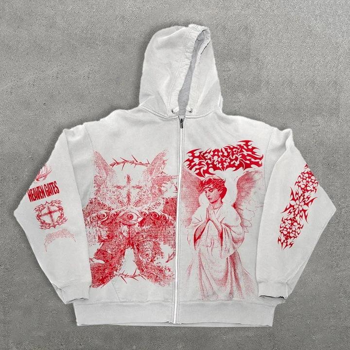 American Autumn and Winter Angel Print Hoodie Zipper Men's and Women's Loose Sweater Retro Style