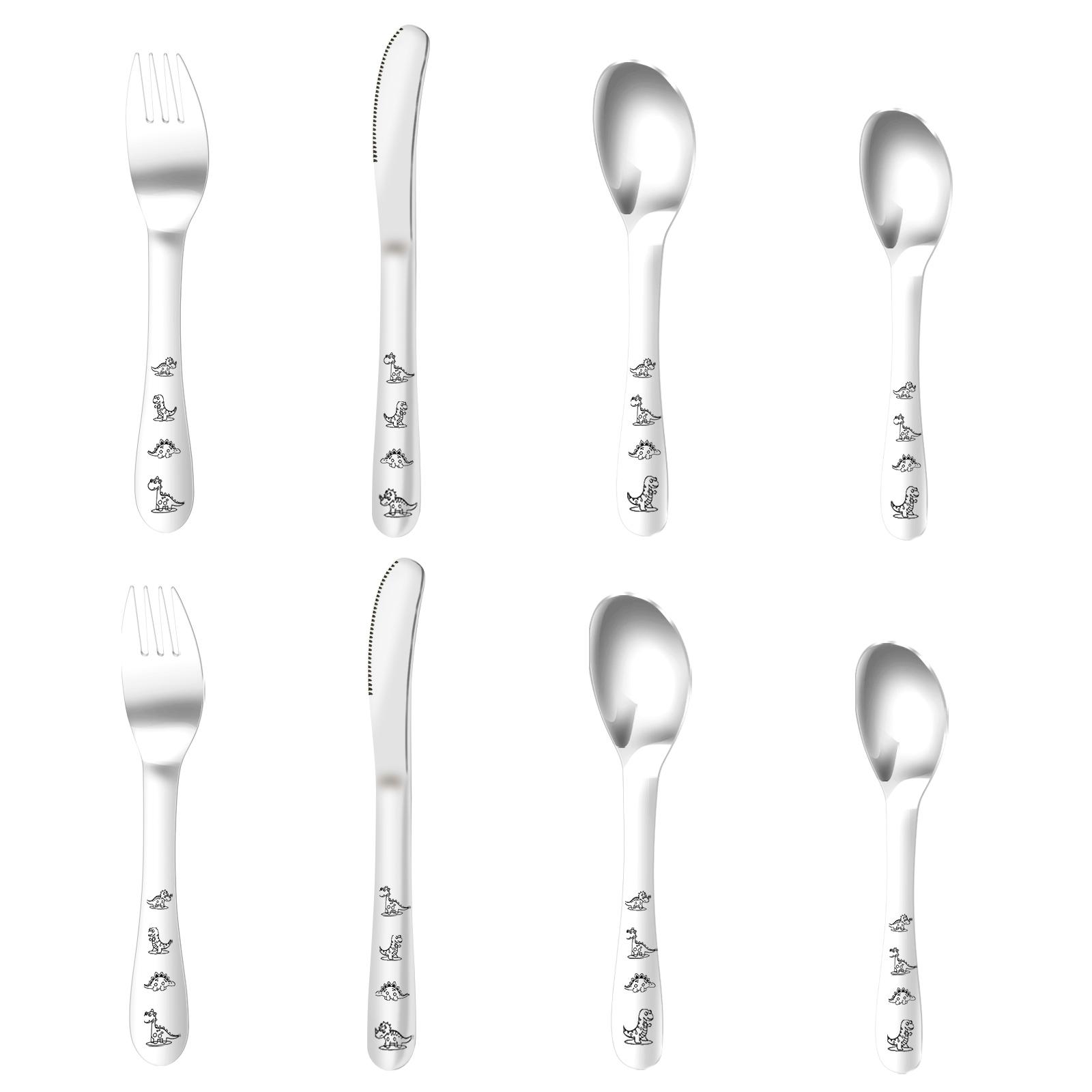 

8Pcs Toddler Utensils Spoons Forks Set Stainless Steel Silverware Set Mirror Polished Child Cartoon Tableware Kids Self Feeding
