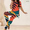 Women Plus Size Printed Two Piece Set Round Neck Short Sleeve Longline Top And Fitted Long Pants