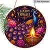 2D Flat, 1pc Round Aluminum Wall Hanging Ornament, Happy Diwali Colorful Peacock Gemstone Diya Lotus Marigold Printed Plaque, Wealth Fortune Blessing