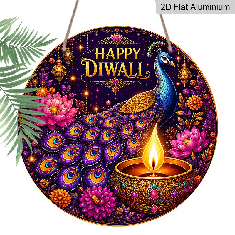 2D Flat, 1pc Round Aluminum Wall Hanging Ornament, Happy Diwali Colorful Peacock Gemstone Diya Lotus Marigold Printed Plaque, Wealth Fortune Blessing