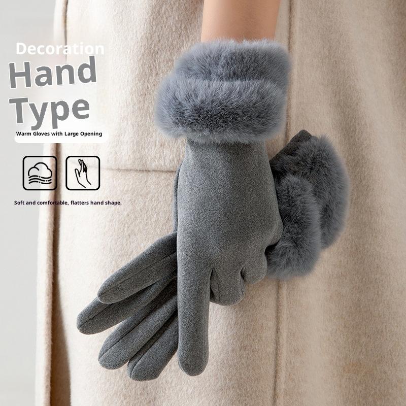 German Velvet Winter Gloves To Keep Warm Women's Winter Thickened and Fresh Cycling Hairy Mouth Cold-proof Outdoor Windproof Touch Screen Gloves