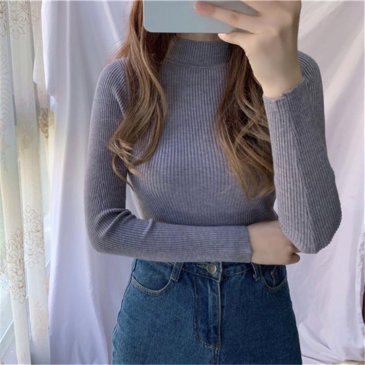 Pulover femei ia în interiorul subțire toamnă iarnă culoare uni punctul de bază jumătate guler înalt fund tricot pulover femeie