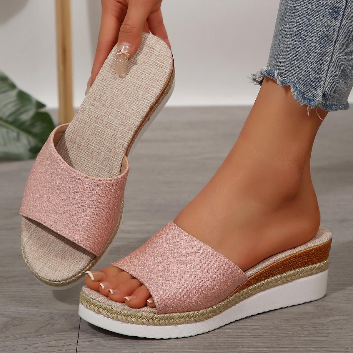 

Модные женские босоножки на танкетке, роскошные шлепанцы на платформе, сексуальные женские туфли с открытым носком, блестящие туфли на высоком каблуке, женская пляжная обувь sandalias de mujer 43 розовый