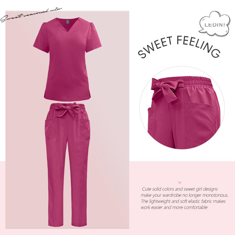 Surgical Uniforms Woman Fashion Bow Belt Nursing Scrubs Set Medical Uniform Top Pants Hospital Clinical Suits Beauty Spa Clothes