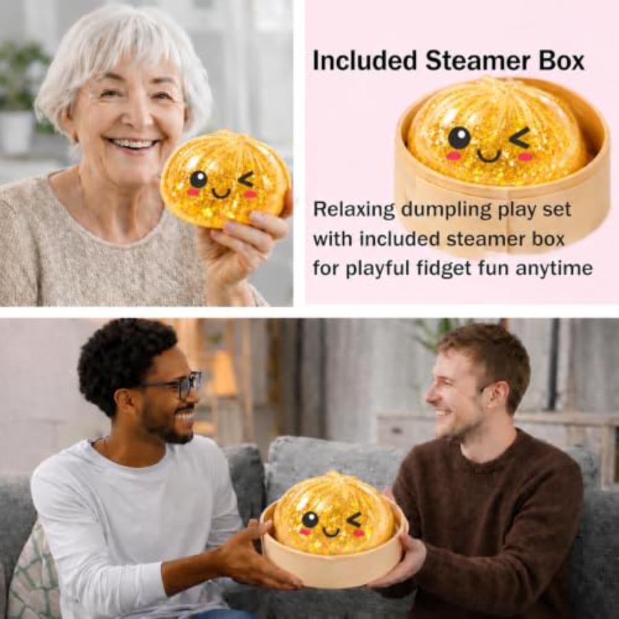 Glitter Dumpling Squishy Pack With Steamer Box Soft Bao Bun Stress Ball, Sensory Fidget Squeeze Toy For Stress And Anxi