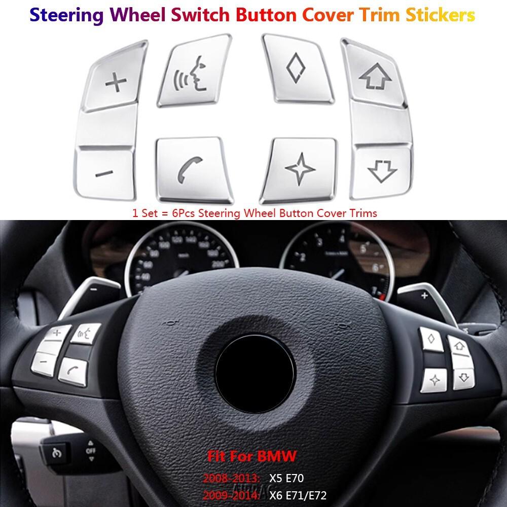 For BMW X5 X6 E70 E71 6Pcs Steering Wheel Switch Button Cover Trim Stickers Set of 6 | Silver | Chrome | Center Console | Waterproof