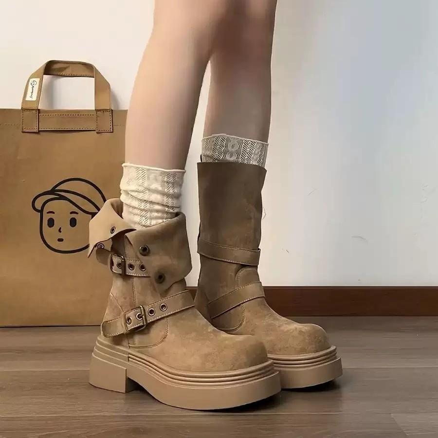 Brown two-wear locomotive Martin boots women's 2025 autumn and winter new thick-soled heightening Maillard boots small short boots