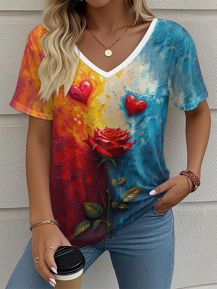 Flower Floral Painting 3D Print T-Shirts Women's V-Neck Short Sleeve T Shirt Y2K Oversized Tees Harajuku Tops Female Clothing