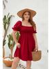 Plus Size Solid Color Casual Square Neck Vacation Dress with Smocked Puff Sleeves