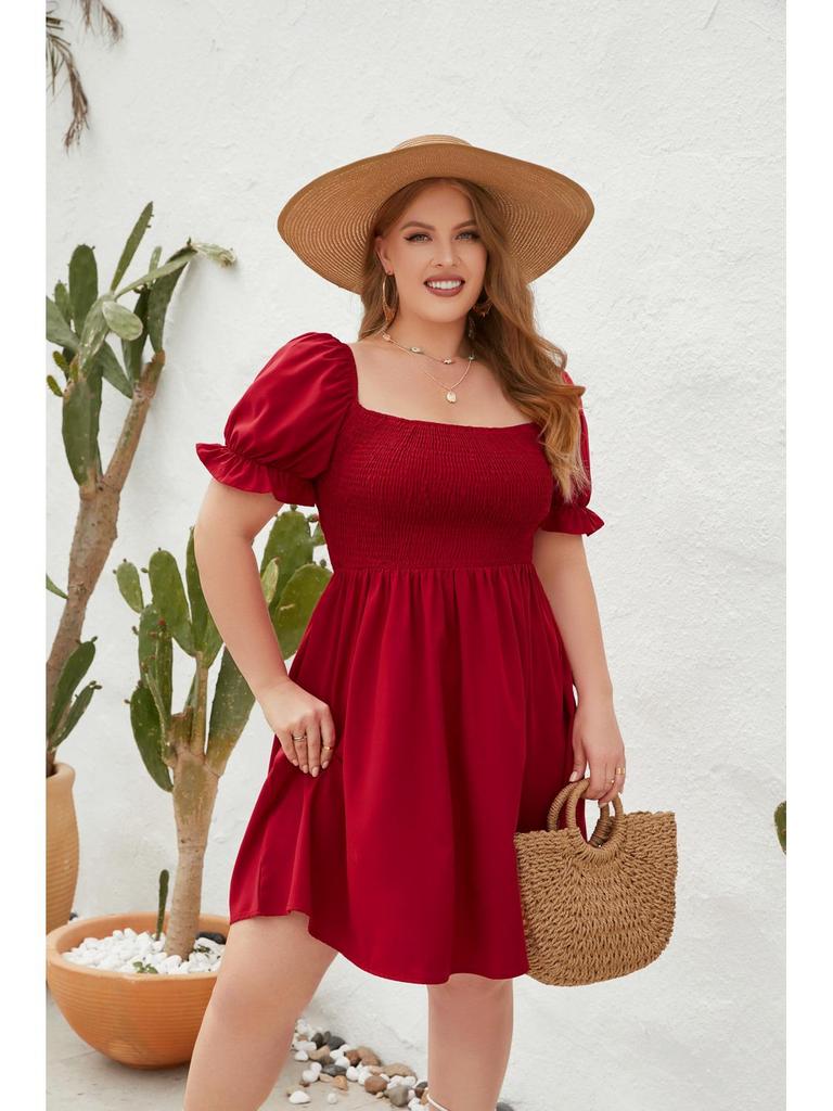 Plus Size Solid Color Casual Square Neck Vacation Dress with Smocked Puff Sleeves