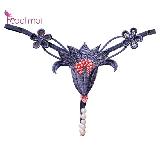 Women Panties Breathable Low Nylon Floral Pearl Underwear Thong Waist