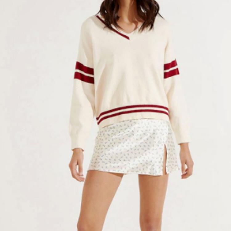 Women's European & American Loose Knit V-Neck Sweater - Solid & Striped, Casual Autumn/Winter Pullover