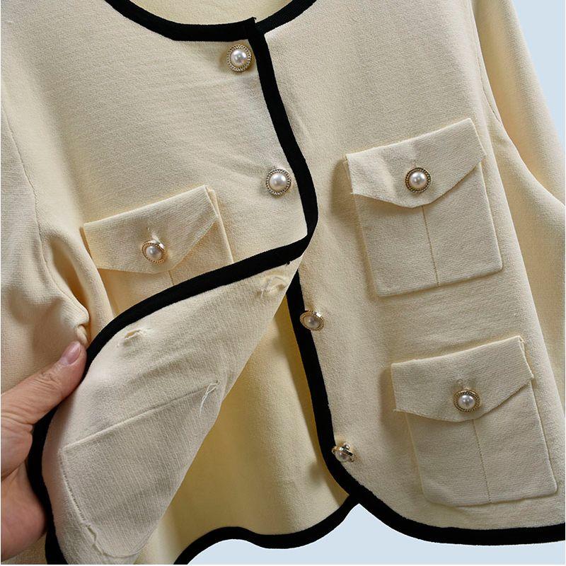 Round Neck Qu Zhu Single-Breasted Short Loose Long Sleeves Cardigan Spring & Fall Women's Outer Wear Contrast Color Fashion Stylish