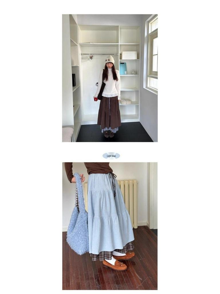 Japanese Retro Brown Plaid Double-Layer Cake Skirt for Women - Autumn/Winter Fake Two-Piece Design 