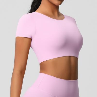 Doppelseitiges gebürstetes Brustkissen Enge kurzärmelige Yoga-Anzug Pilates Laufen Sport-T-Shirt Top für Damen