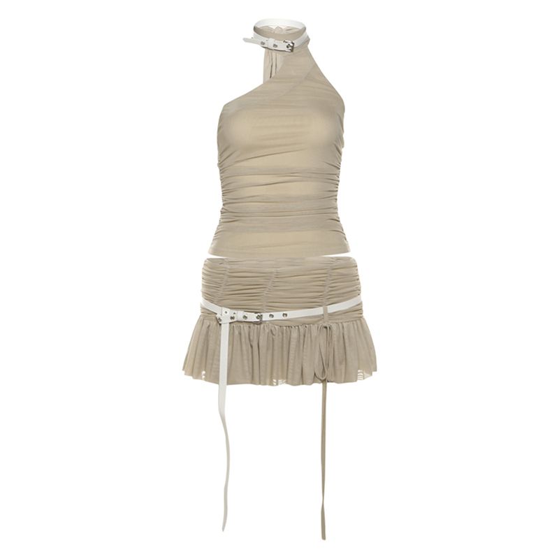 

# Sisjuly# Denim Casual Young Adult Ruffle Sweet off-Shoulder Halter Vest Sexy Easiest for Match Skirt Suit Women Apricot L