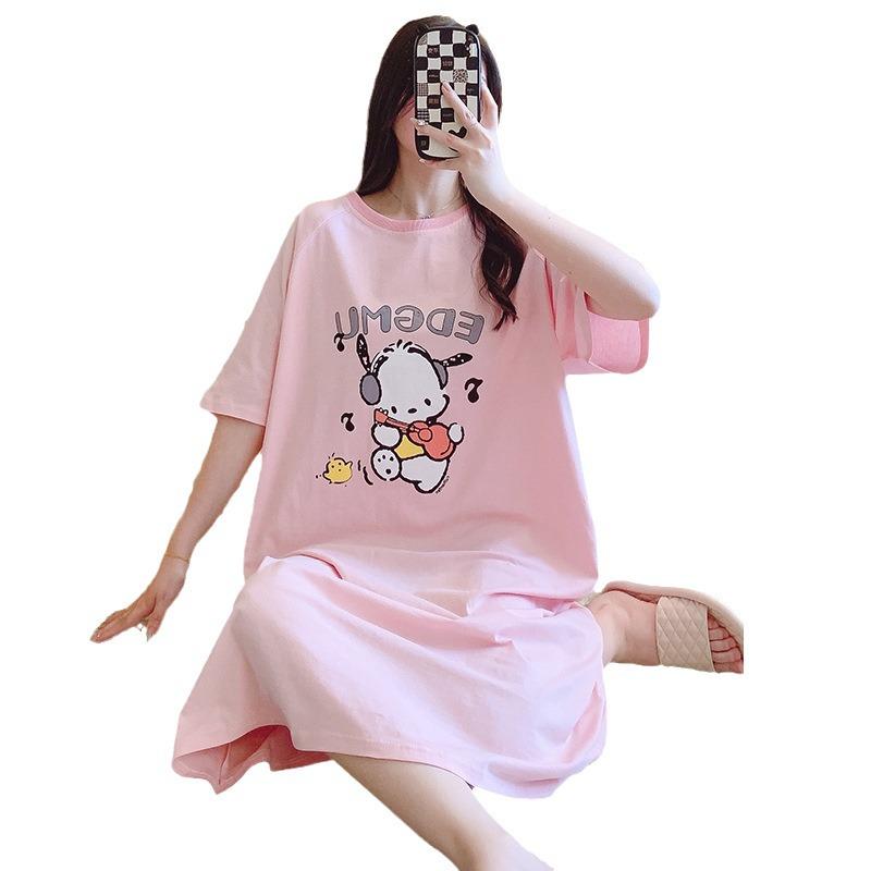 Women's Plus Size Summer Cartoon Nightdress – Lightweight, Round Neck, Short Sleeves, Mid-Length